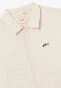 Chemise beige à boutons avec col pointu, petit logo vert "Blkvis" sur la poitrine gauche, et étiquette à l'intérieur du col avec les détails de la marque.