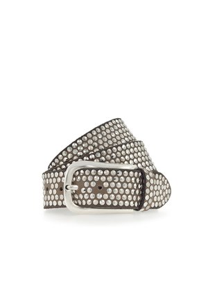 Metallic studded belt in gray with a silver-tone buckle. Features a textured surface with rounded studs and a smooth leather backing.