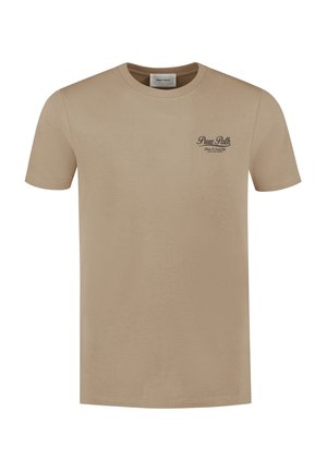 Beige short-sleeve crew neck T-shirt with small dark text logo "Pure Path" on the left chest.