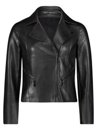 Black leather jacket featuring a notched collar, zippered front, and side pockets with black zipper detailing. Smooth texture and fitted design.