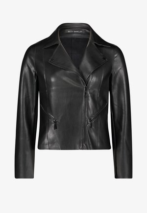 Czarna skórzana kurtka z kołnierzem z klapami, zapinana na zamek błyskawiczny z przodu, z kieszeniami bocznymi zapinanymi na czarne zamki. Gładka faktura i dopasowany krój.