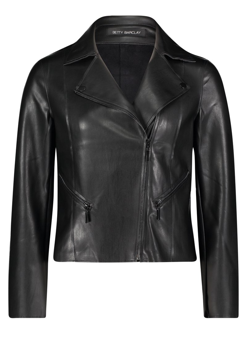Black leather jacket featuring a notched collar, zippered front, and side pockets with black zipper detailing. Smooth texture and fitted design.