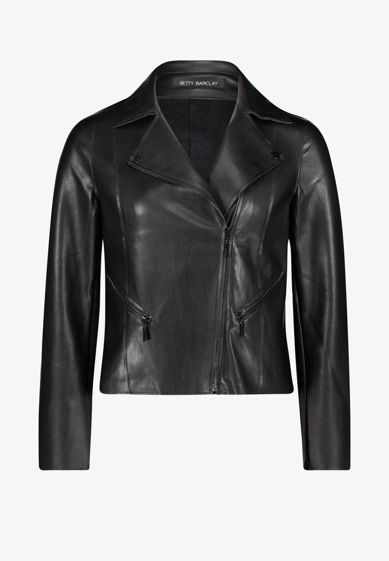 Black leather jacket featuring a notched collar, zippered front, and side pockets with black zipper detailing. Smooth texture and fitted design.