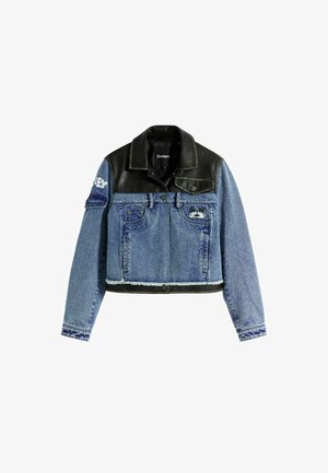 Jeansjacka med svart läderkrage och axlar, med blå fransar nedtill, frampocketar och broderade detaljer på ärmarna.