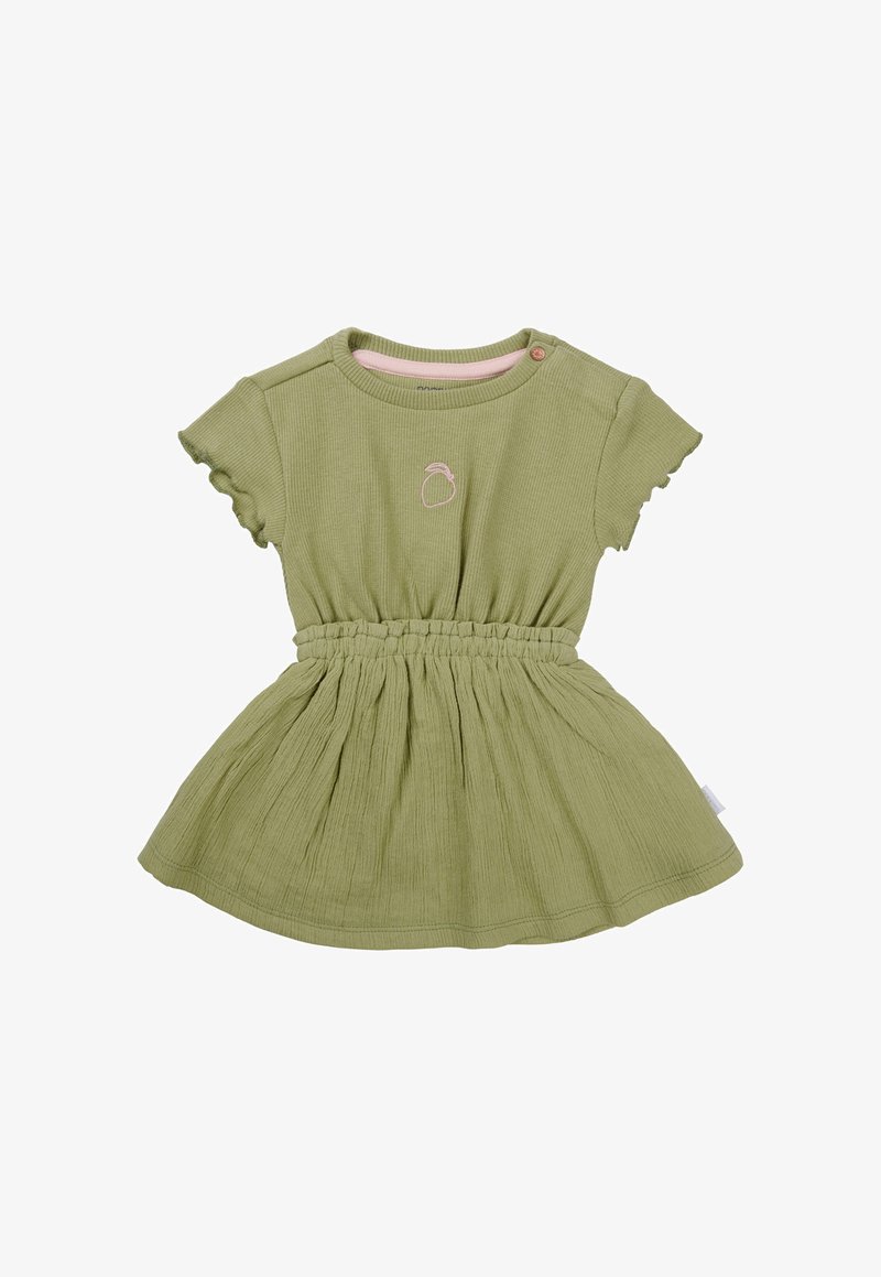 Helles grünes Kleid mit kurzen, gerafften Ärmeln. Verziert mit einem pinken Obstdesign auf der Brust und einem elastischen Taillenbund für die Form. Weicher, strukturierter Stoff.