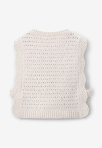 Gestrickte, hellbeige Weste mit Lochmuster, gewellten Rändern und einem runden Halsausschnitt. Strukturiertes Finish entlang des Saums und an den Seiten.