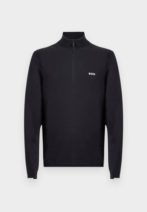 Camisola preta com gola e fecho de correr, feita de tecido sólido, com gola e punhos texturizados. Logótipo "BOSS" exibido no lado esquerdo do peito.