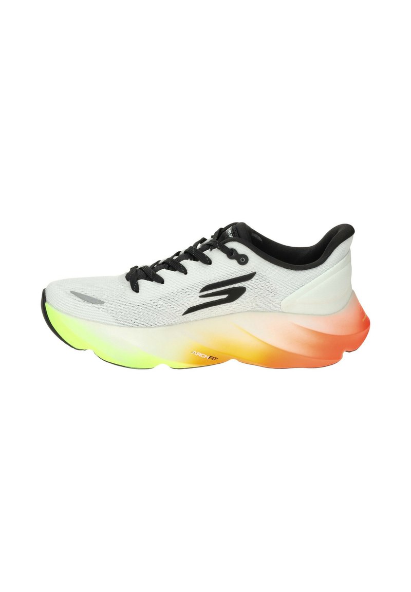 White athletic shoe with black laces, a lightweight mesh upper, and a gradient sole transitioning from green to orange. Accented with "ARCH FIT" branding.