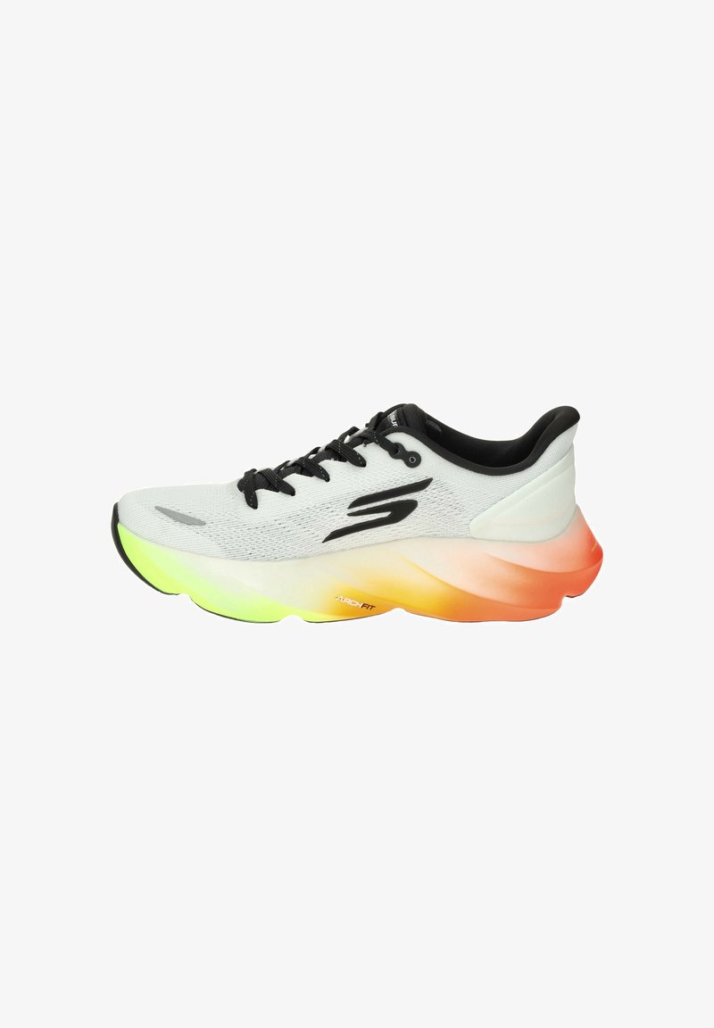 White athletic shoe with black laces, a lightweight mesh upper, and a gradient sole transitioning from green to orange. Accented with "ARCH FIT" branding.