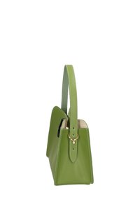 Borsa in ecopelle verde con design strutturato, base appuntita, manico piatto e dettagli in metallo dorato. Texture liscia.
