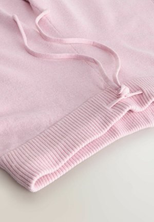 Hellrosa Sweatshirtstoff mit geripptem Saum, ausgestattet mit Kordelzügen an der Taille. Weiche Textur und glatte Oberfläche.