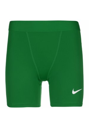 Pantaloni da bagno Nike verde con una texture liscia, fascia elastica in vita e logo Nike bianco sulla coscia sinistra. Design classico aderente.