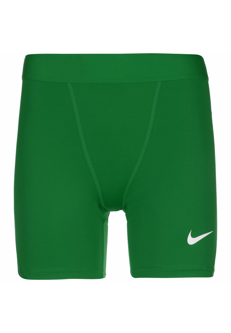 Pantaloni da bagno Nike verde con una texture liscia, fascia elastica in vita e logo Nike bianco sulla coscia sinistra. Design classico aderente.
