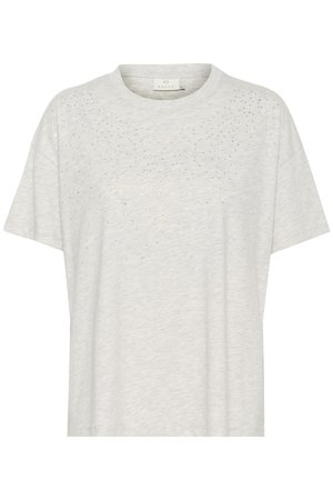T-shirt à manches courtes gris clair en tissu doux, arborant de petits strass disposés en motif dégradé sur le devant.