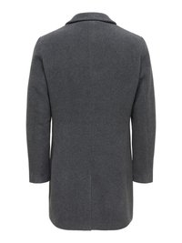 Manteau en laine gris à simple boutonnage, col cranté et manches longues. Il présente un dos épuré avec des détails minimaux et aucune poche visible.