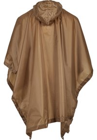 Brun vandtæt poncho med hætte, der har en glat, skinnende overflade og knaplukninger i siderne for justerbar pasform.