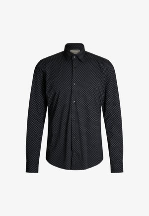 Schwarz langärmliges Hemd mit subtilen kreisförmigen Mustern, button-down Kragen und einer taillierten Passform aus weichem Stoff.