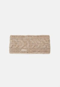 Strick-Headband in Beige mit einem Kabelmuster und subtilen Glitzer. Hat eine strukturierte Oberfläche und ein kleines Markenetikett.