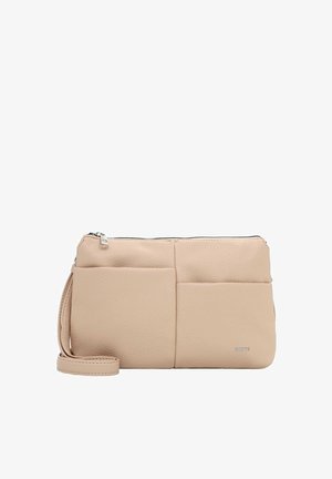 Pochette beige avec deux poches avant, fermeture éclair sur le dessus, texture subtile, et un petit logo "RUE 09" dans le coin inférieur droit.