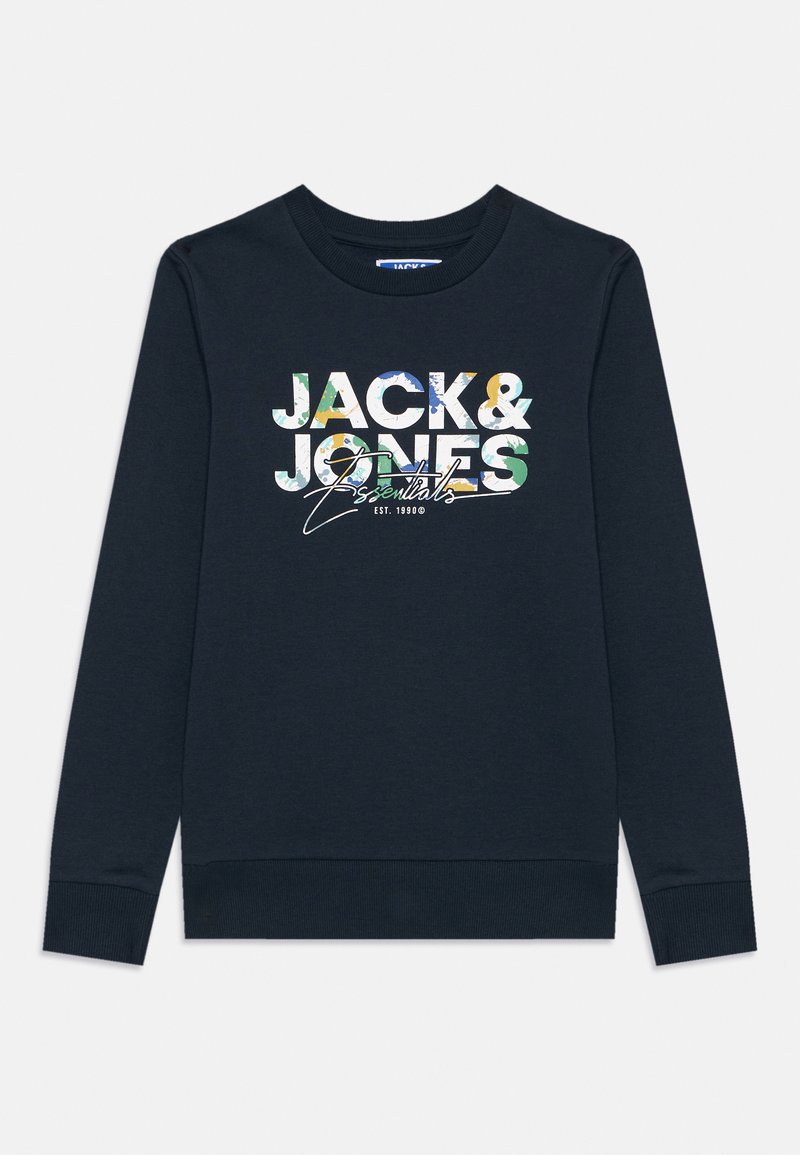 Sweatshirt azul-marinho com decote redondo, apresentando um logótipo multicolorido "JACK & JONES Essentials" e punhos e bainha com ribanas.
