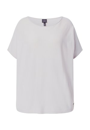 Løs lysegrå bluse med korte ærmer, rund halslinning og lille sideetiket, vist på en hvid baggrund.