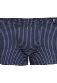Mörkblå boxerkalsonger med vertikala vita ränder, utrustade med elastisk midja och en formad ficka för stöd. Tillverkade av polyester.