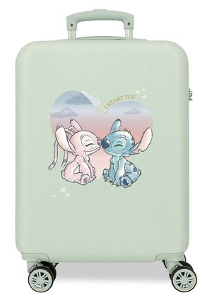 Maleta verde menta con personajes de dibujos animados enfrentados, una criatura similar a un conejo en rosa y azul, y texto "Te quiero" dentro de una forma de corazón.
