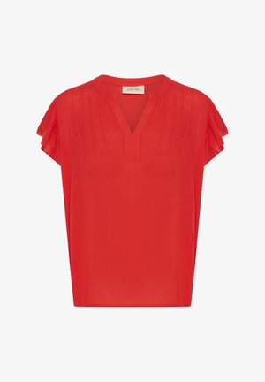 Raudona trumpomis rankovėmis palaidinė su V formos iškirpte ir subtiliais raukiniais priekyje. Pagaminta iš lengvos, pusiau permatomos medžiagos.