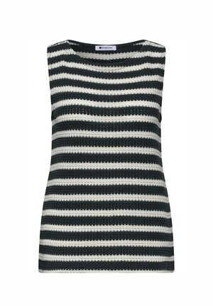 Ærmeløs striktop med horisontale sorte og hvide striber og rund halsudskæring, strikmønster med synlig tekstur.