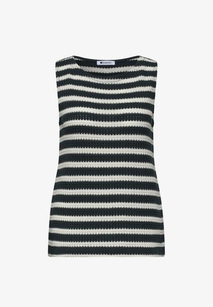 Haut sans manches en maille avec des rayures horizontales noires et blanches et un col rond, motif tricoté montrant la texture.