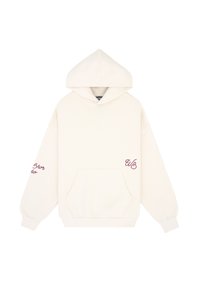 Kremowy, oversize'owy hoodie z kangurzą kieszenią, ribbowymi mankietami oraz haftowanym burgundowym tekstem na rękawach i przodzie.