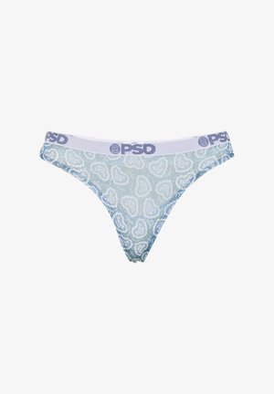 Blue patterned thong underwear with a white elastic waistband featuring "PSD" in purple. Lightweight, soft fabric with floral design.