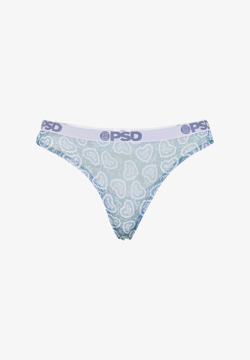 Blauer gemusterter String mit weißem elastischem Bund, auf dem "PSD" in Lila steht. Leichter, weicher Stoff mit floralem Design.