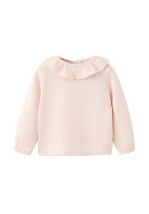 Pull bébé tricoté rose clair à manches longues avec col à volants texturé et poignets et ourlet côtelés.
