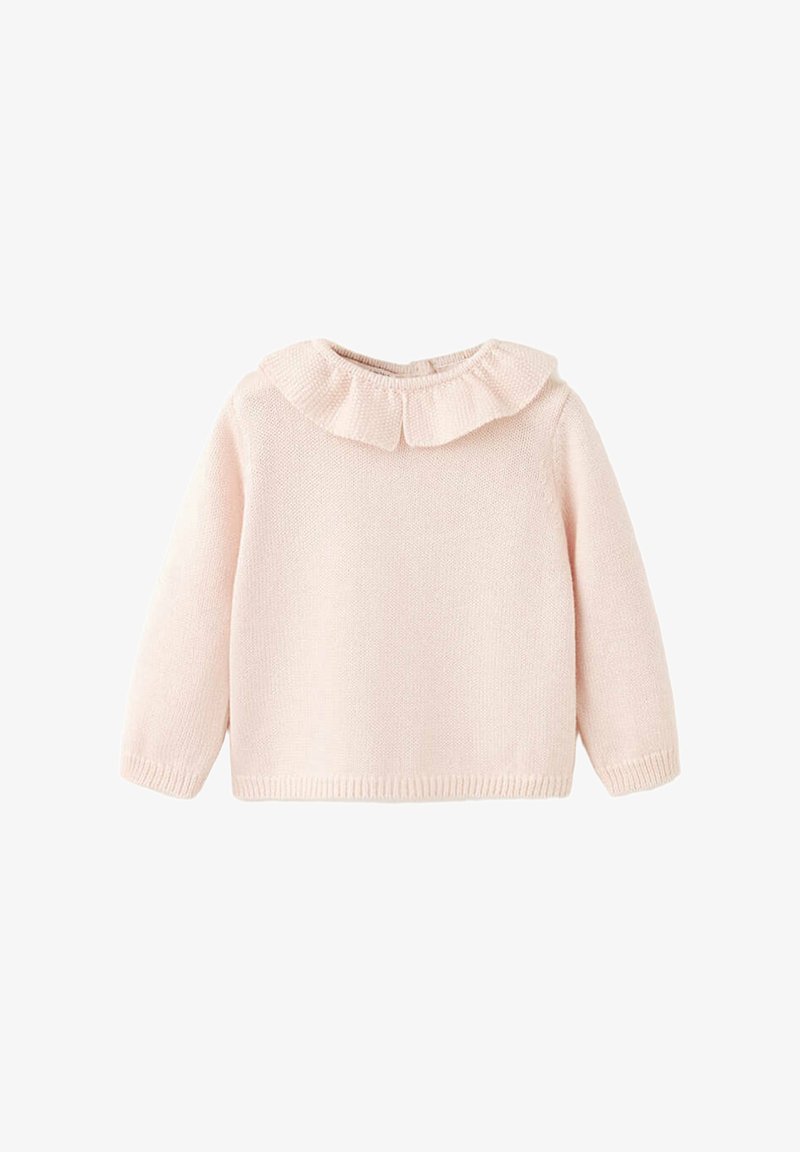 Pull bébé tricoté rose clair à manches longues avec col à volants texturé et poignets et ourlet côtelés.
