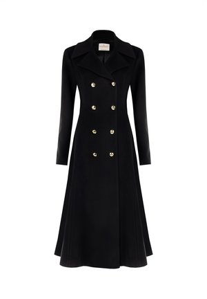 Schwarzer doppelt geknöpfter Mantel aus glattem Stoff, mit langen Ärmeln, übergroßem Kragen und goldenen Knöpfen auf der Vorderseite.