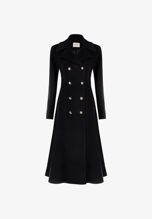 Black double-breasted coat made of smooth fabric, featuring long sleeves, oversized collar, and gold buttons down the front.