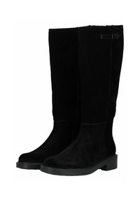 Botas de ante negras hasta la rodilla con punta redondeada y un tacón bajo. Con cremallera lateral y mínimos adornos decorativos.