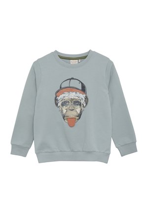 Hellblauer Pullover mit einem Motiv eines Affen mit Brille und Mütze, der seine Zunge herausstreckt. Mit gerippten Bündchen und Saum.