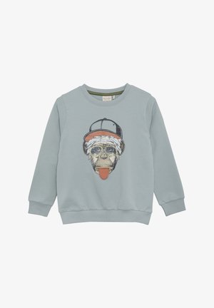 Hellblauer Pullover mit einem Motiv eines Affen mit Brille und Mütze, der seine Zunge herausstreckt. Mit gerippten Bündchen und Saum.