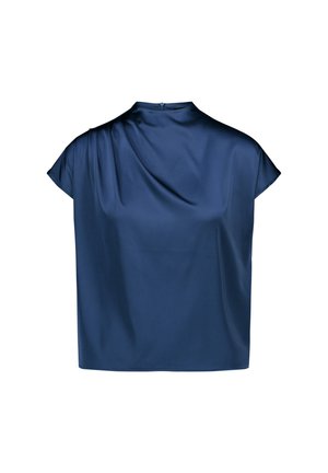 Tengerészkék szatén rövid ujjú blúz magas nyakkal, enyhe redőzéssel az egyik vállon és hátul cipzáras záródással.