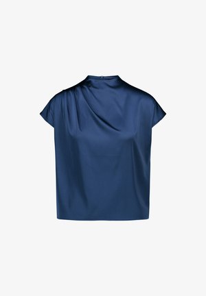 Tengerészkék szatén rövid ujjú blúz magas nyakkal, enyhe redőzéssel az egyik vállon és hátul cipzáras záródással.