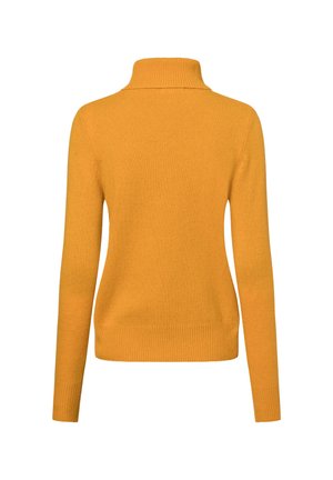 Gelbes Rollkragensweatshirt aus weichem Strickstoff, mit langen Ärmeln und geripptem Kragen sowie Saum. Die Rückansicht zeigt eine eng anliegende Silhouette.