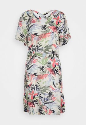 Florales Kleid aus leichtem Stoff, mit kurzen Ärmeln, V-Ausschnitt mit überkreuztem Riemendetail und tailliertem Schnitt.