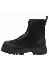 Botas de tobillo de cuero negro con suela de goma resistente, diseño con cordones, punta redondeada y tira de agarre lateral. Presenta costuras en tono y logotipo grabado.