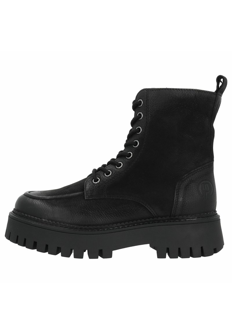 Botas de tobillo de cuero negro con suela de goma resistente, diseño con cordones, punta redondeada y tira de agarre lateral. Presenta costuras en tono y logotipo grabado.