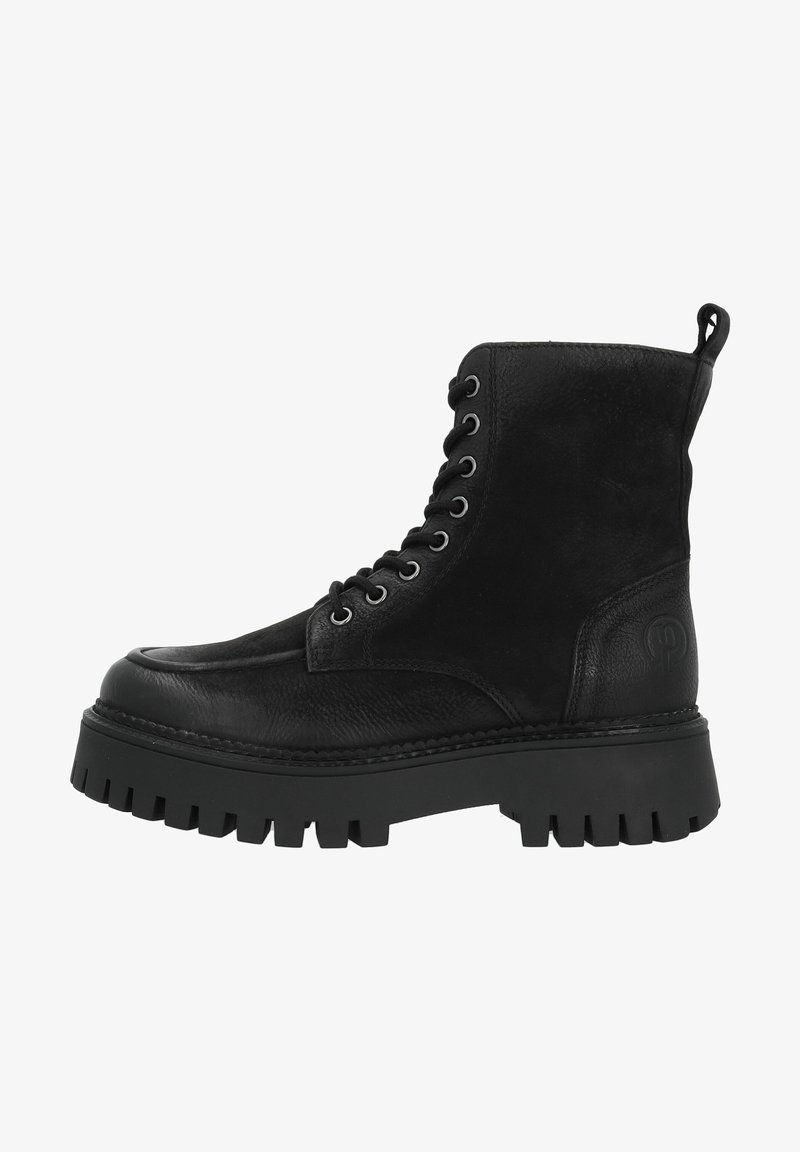 Botas de tobillo de cuero negro con suela de goma resistente, diseño con cordones, punta redondeada y tira de agarre lateral. Presenta costuras en tono y logotipo grabado.