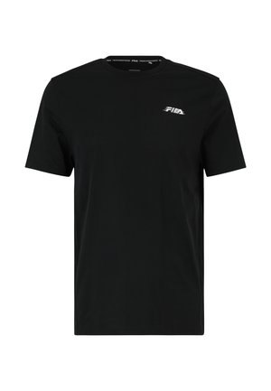 Sort bomulds T-shirt med korte ærmer, rund hals og et lille hvidt logo på venstre bryst. Glat tekstur, enkelt design, normal pasform.