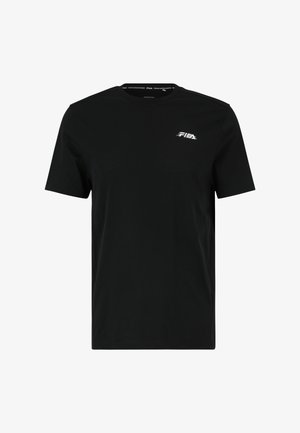 Musta puuvillapaita lyhyillä hihoilla, pyöreällä kaula-aukolla ja pienellä valkoisella logolla vasemmassa rinnassa. Sileä rakenne, yksinkertainen muotoilu, normaali istuvuus.