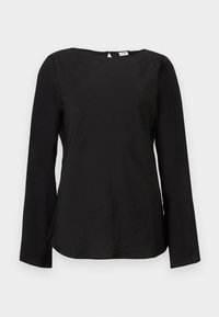 Top preto de manga comprida com decote redondo e um pequeno detalhe em forma de gota nas costas. Feito em tecido liso com um corte descontraído e bainha ligeiramente curva.